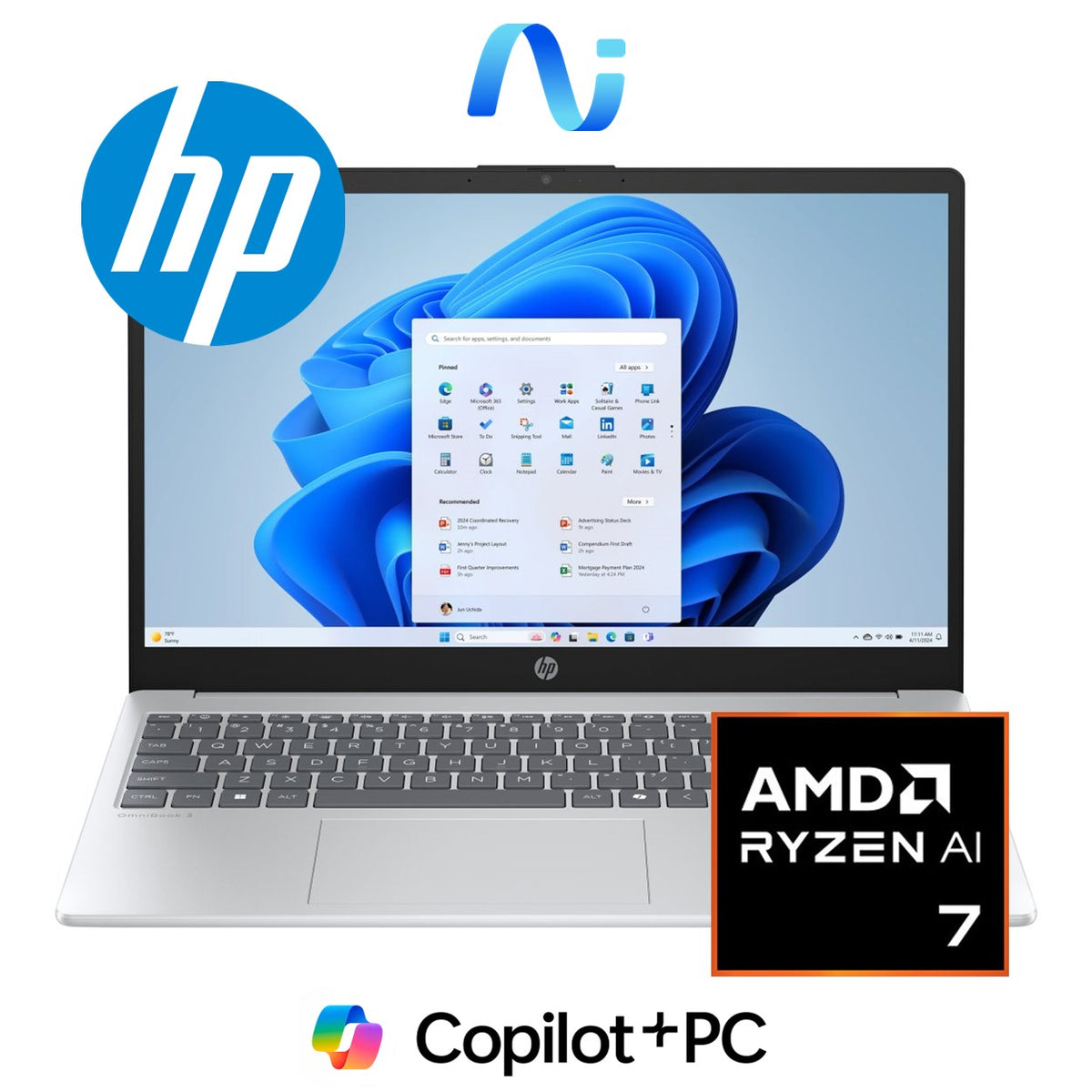 HP OmniBook 3 15-fn0001ni 15.6-inch FHD Next Gen AI Laptop - AMD Ryzen 7 350 512GB SSD 16GB RAM Win 11 Home Glacier Silver image 2