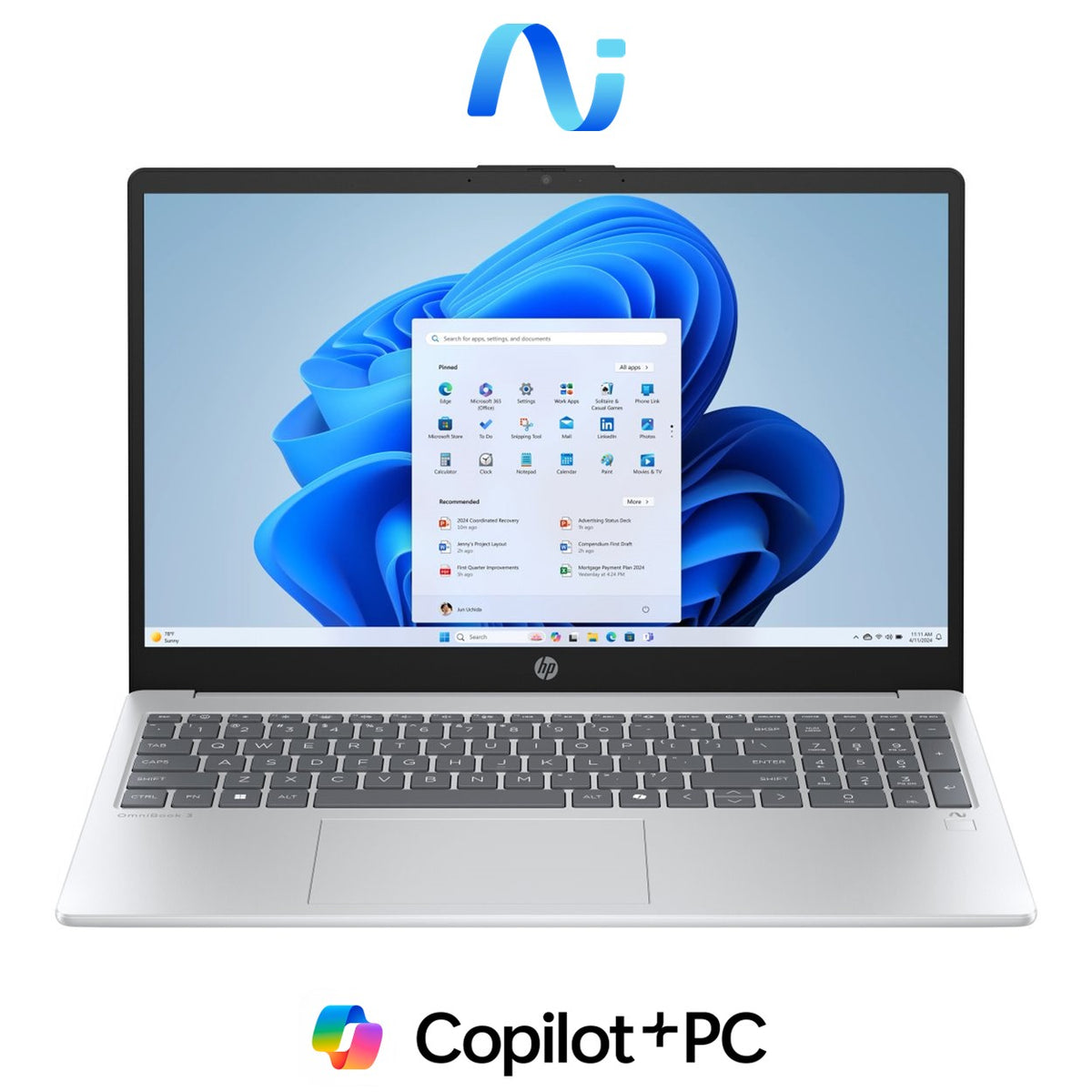 HP OmniBook 3 15-fn0001ni 15.6-inch FHD Next Gen AI Laptop - AMD Ryzen 7 350 512GB SSD 16GB RAM Win 11 Home Glacier Silver image 7